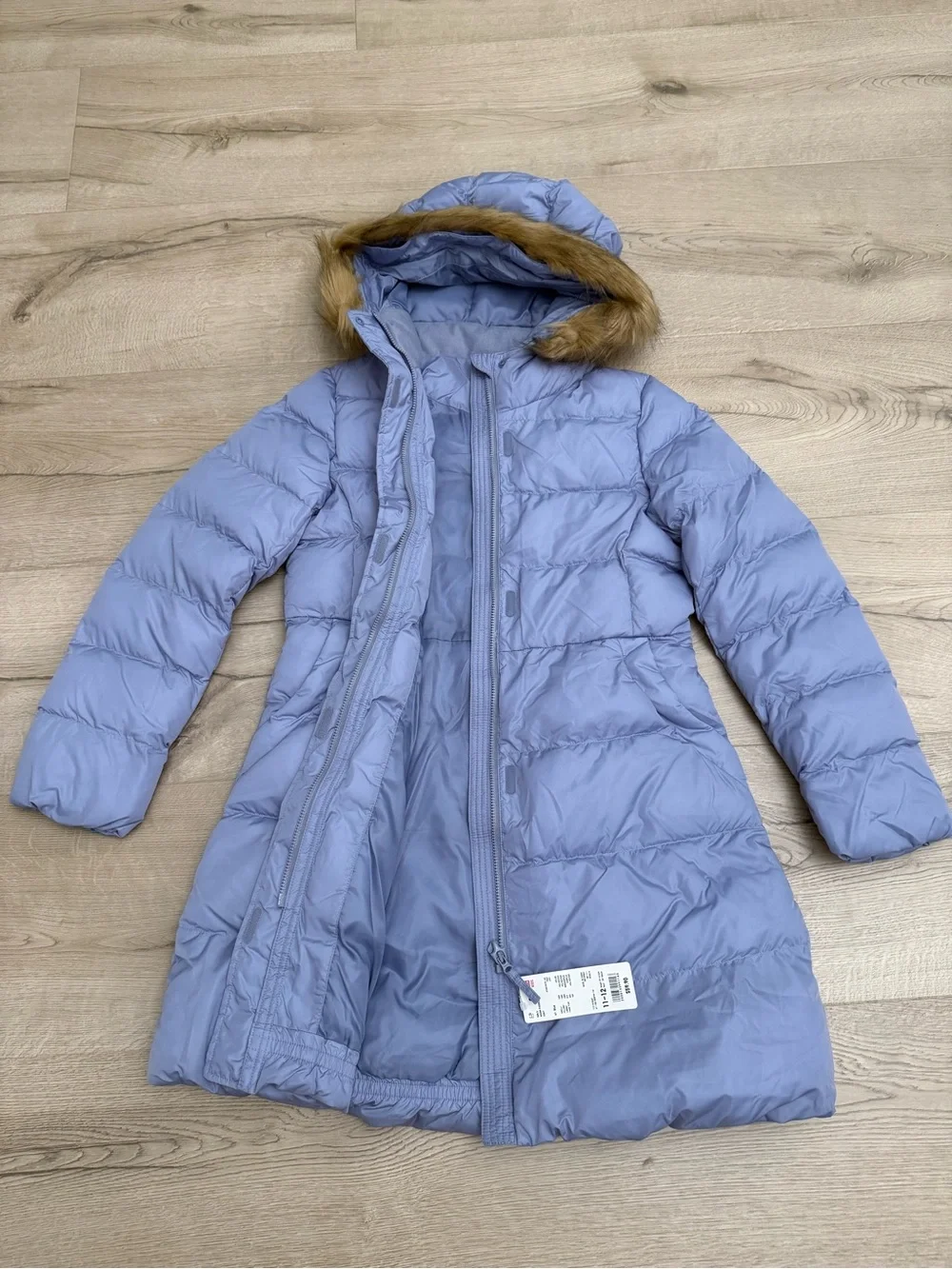 NEW - Uniqlo Girls Light Blue Hooded Puffer Coat with Faux Fur Trim
